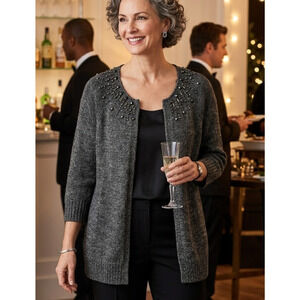 Coldwater Creek Gray Beaded Cardigan Sweater Women L 14-16 Mohair Blend 3/4 Slvs